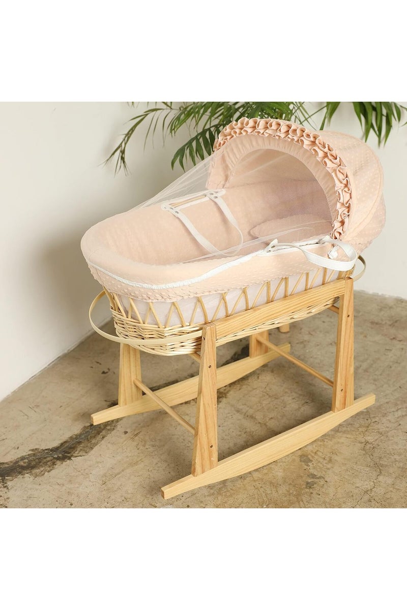 Moses Basket Baby Bed Beige with Side Wooden Rocking Stand - Image 1