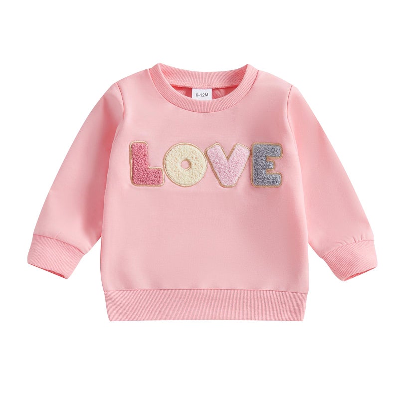 Socutebabe Toddler Valentines Outfits Baby Girl Clothes Love Embroidery Long Sleeve Crewneck Sweatshirts Pullovers (A-S-Pink, 6-12 Months) - Image 1