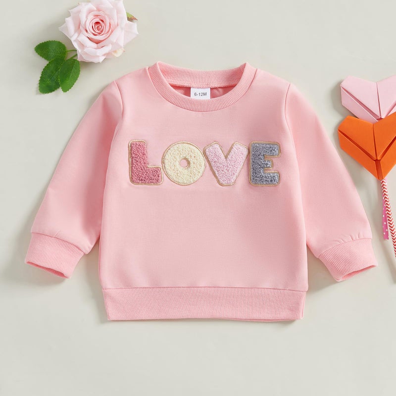 Socutebabe Toddler Valentines Outfits Baby Girl Clothes Love Embroidery Long Sleeve Crewneck Sweatshirts Pullovers (A-S-Pink, 6-12 Months) - Image 3