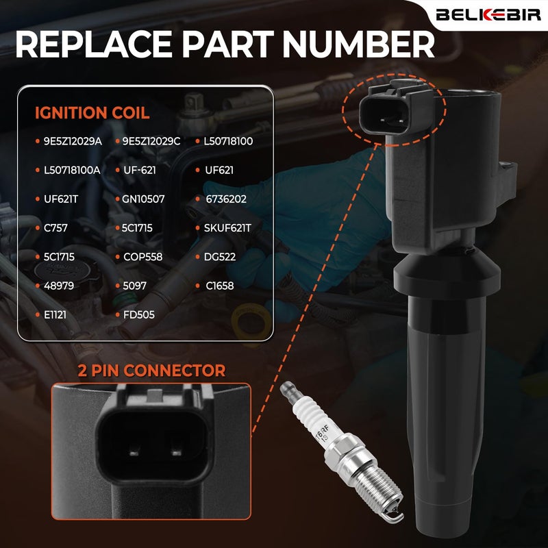 BELKEBIR Set of 4 Ignition Coil Packs & Iridium Spark Plugs Compatible with 2.0L 2.5L 2009-2020 Ford Escape Fusion C-Max Transit, Lincoln MKZ, 2009-2011 Mazda Tribute, Mercury Mariner Milan Replace FD505 UF621 - Image 3