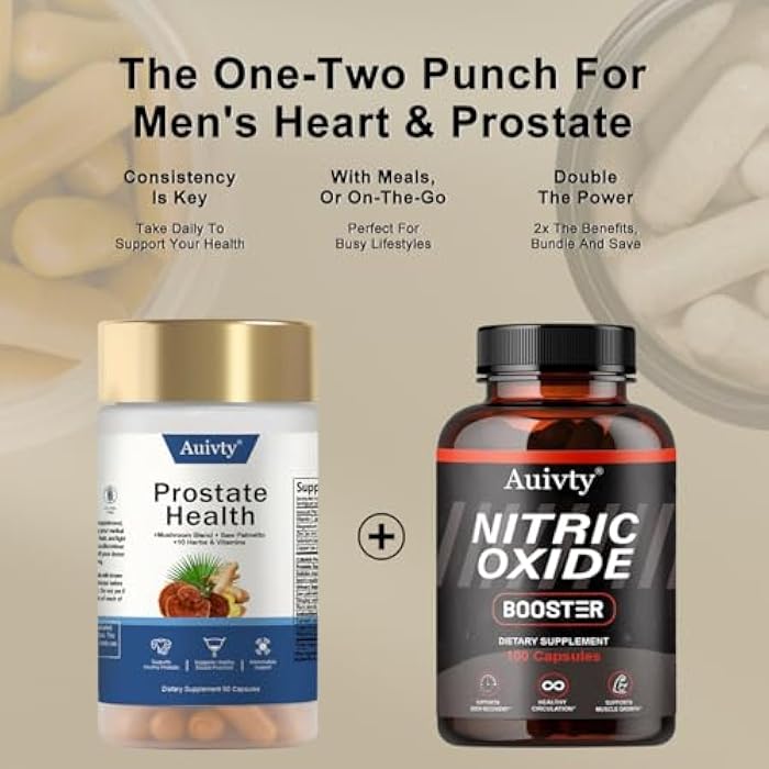 AUIVTY Prostate Health and Nitric Oxide Booster Bundle, Mushroom Blend with Saw Palmetto, 90 Capsules + 100 Capsules, with Free Bottle - Image 3