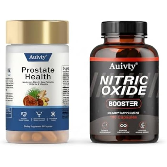 AUIVTY Prostate Health and Nitric Oxide Booster Bundle, Mushroom Blend with Saw Palmetto, 90 Capsules + 100 Capsules, with Free Bottle - Image 1