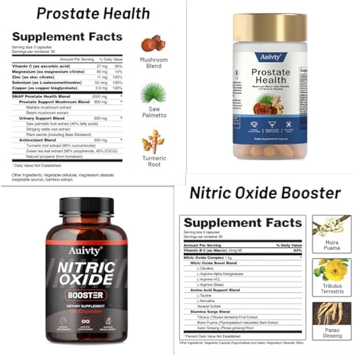 AUIVTY Prostate Health and Nitric Oxide Booster Bundle, Mushroom Blend with Saw Palmetto, 90 Capsules + 100 Capsules, with Free Bottle - Image 2