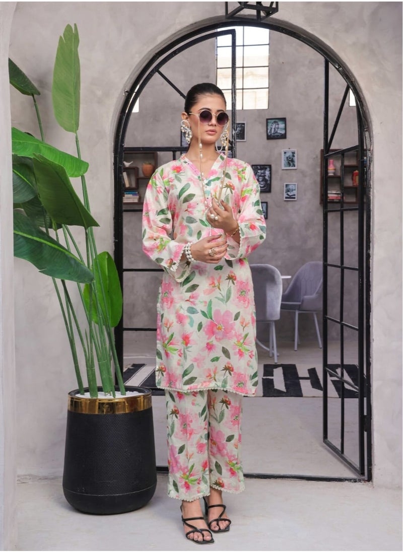 SAPHRON Ratro Fresh Edit – Luxury Pakistani Digital Lawn 2PC Kurti & Pant Set  - Image 1