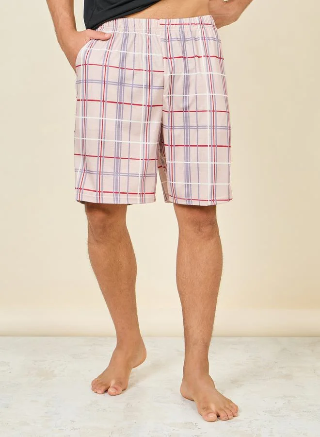 ستايلي Solid Plaid Print Pocket Detail T-shirt and Short Set
