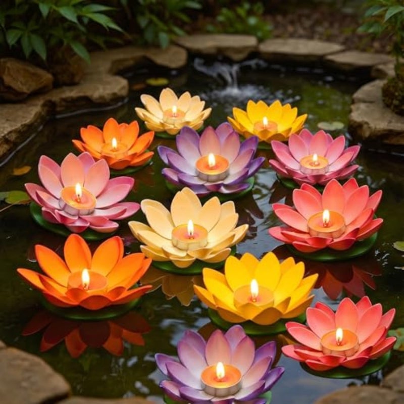 Artificial Floating Lotus Lanterns-Real Candle Pool Decorative Lights Halloween Tealight lamp Prayer Lamp Wishing Water Lily Candle Light for Pool, Pond, Glass Bowl, Diwali - Image 1