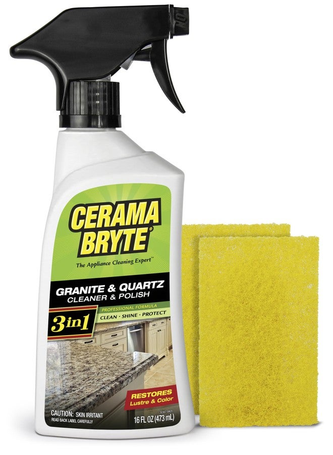 Cerama Bryte Granite and Quartz Daily Cleaner & Polish Safely Also Use On Marble Soapstone Quartz Quartzite Slate Limestone Corian Laminate Tile Countertop, 16 Ounce + 2 Pads - Image 1