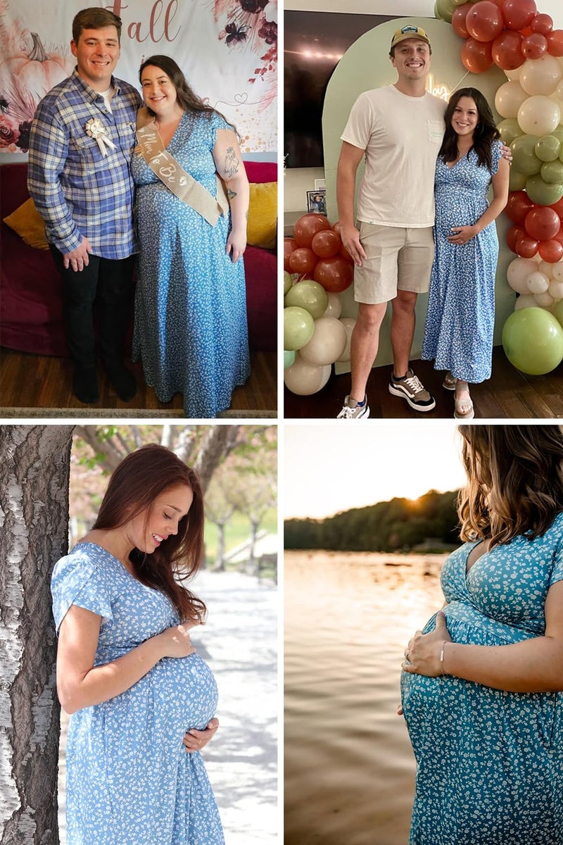 OUGES Maternity Maxi Dress Wrap Baby Shower Pregnancy Dresses for Photoshoot Maternity Outfits Summer Clothes 2026(Floral-3, Small) - Image 3