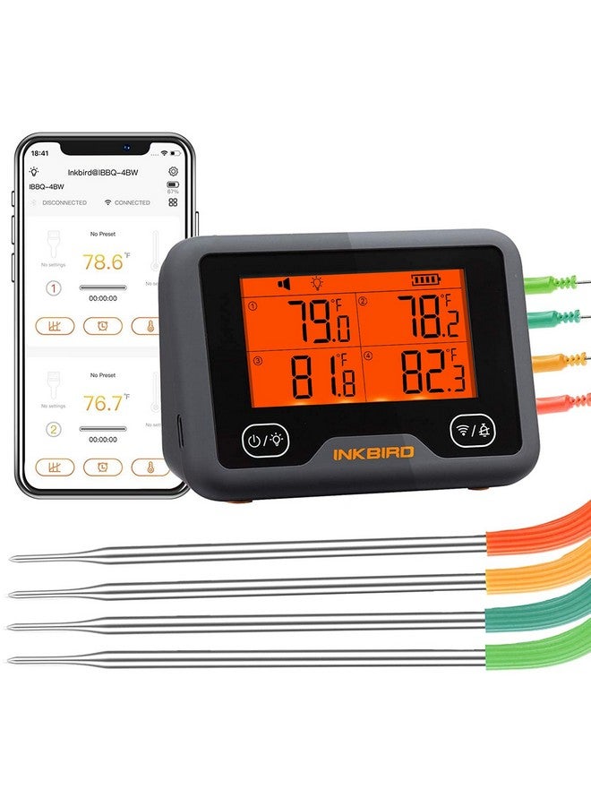 INKBIRD Bluetooth and WiFi Meat Thermometer IBBQ-4BW, Smart Wireless Grill Thermometer, 4 Color Probes | Mobile Notification, High/Low Timer, Rechargeable Digital Bluetooth Thermometer for Smoker Oven Kitchen - Image 1