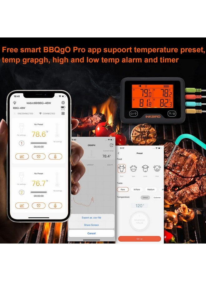 INKBIRD Bluetooth and WiFi Meat Thermometer IBBQ-4BW, Smart Wireless Grill Thermometer, 4 Color Probes | Mobile Notification, High/Low Timer, Rechargeable Digital Bluetooth Thermometer for Smoker Oven Kitchen - Image 3