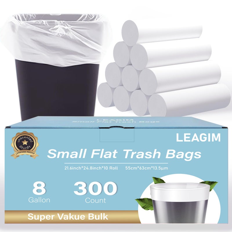 LEAGIM 300 Count 8 Gallon Trash Bags, 13 Micron Extra Thick Medium Garbage Bags, 7-9 Gallon Unscented White Wastebasket Can Liners for Bathroom Kitchen Home Office - Image 1
