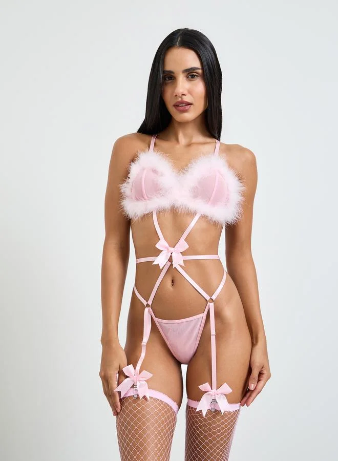 تايك تو Pink Faux Feather Trim Bow Deatils Bodysuit With Fishnet Stockings