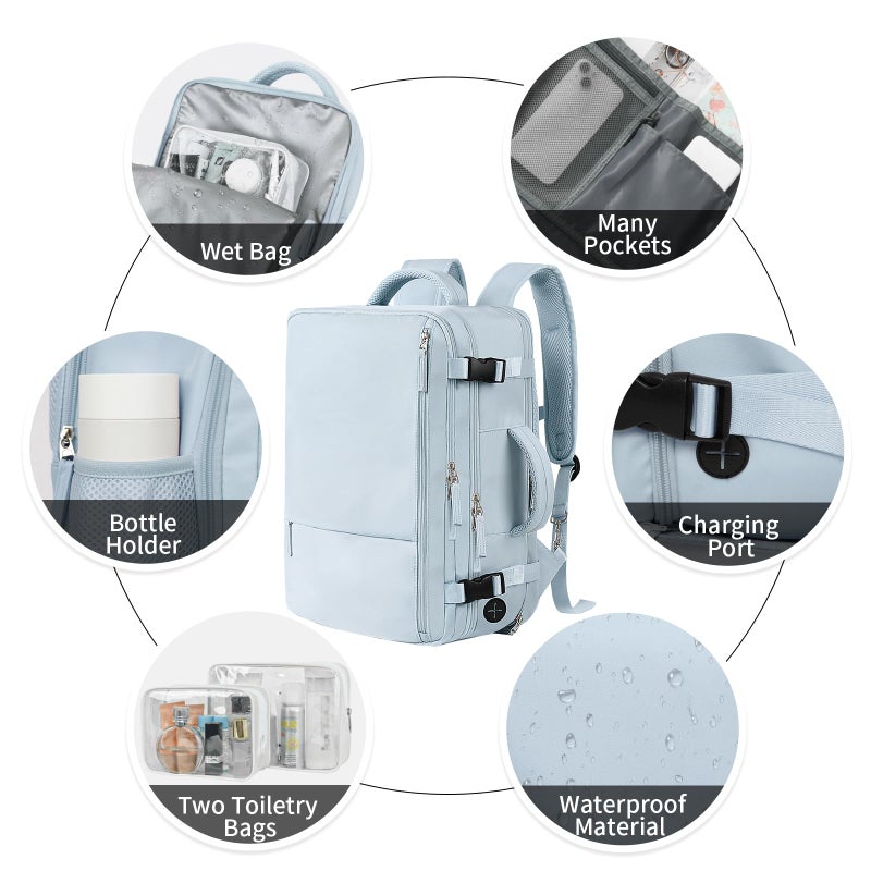Hanples Large Travel Backpack for Women, 40L Carry on Luggage Backpack, 17 Inch Laptop Backpack with USB Charging Port, Waterproof Casual Bag Gift for Men with 2 Toiletry Bags (Light Blue) - Image 5