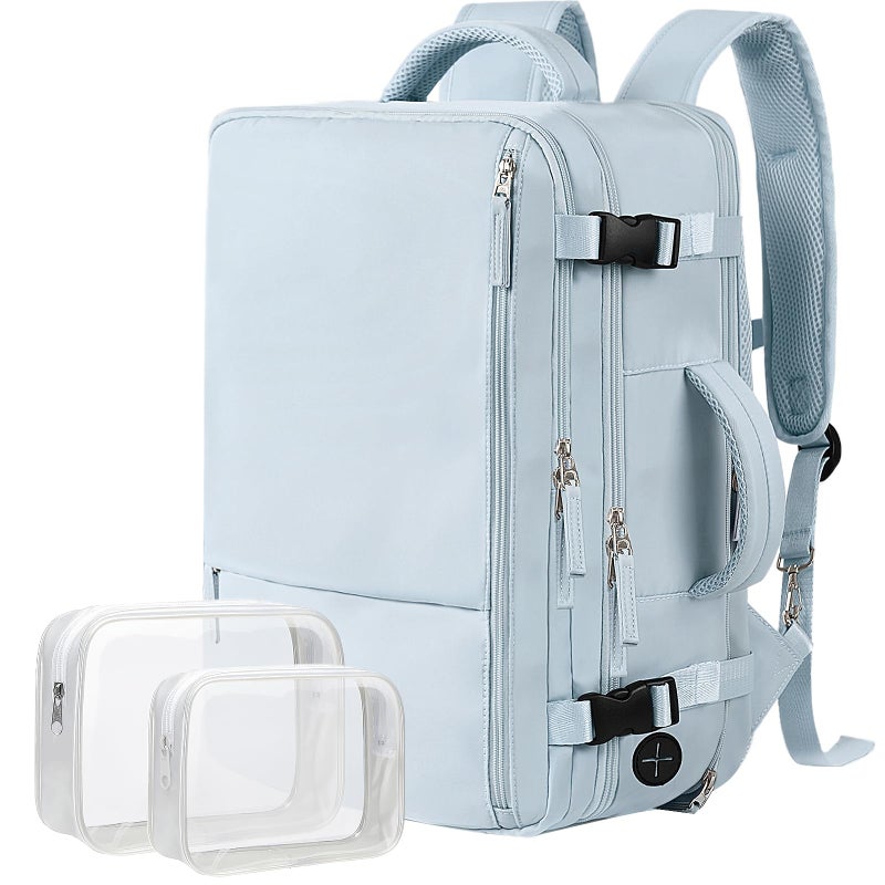 Hanples Large Travel Backpack for Women, 40L Carry on Luggage Backpack, 17 Inch Laptop Backpack with USB Charging Port, Waterproof Casual Bag Gift for Men with 2 Toiletry Bags (Light Blue) - Image 1