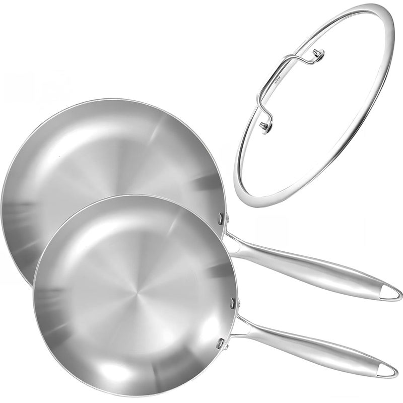 LOLYKITCH 8.5-10 Inch Tri-ply Stainless Steel Frying Pan Set with Lid,Skillets,Induction Cookware,Dishwasher and Oven Safe - Image 1