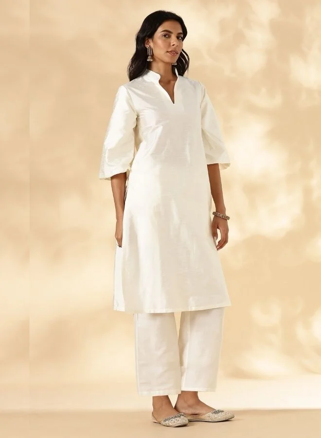 Abhishti Ivory Stand Collar Straight Kurta Pant Set