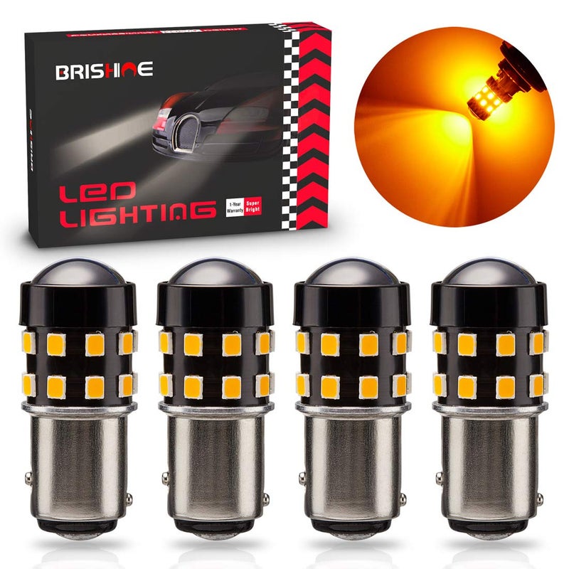 BRISHINE 4-Pack Super Bright 1157 2057 2357 7528 1157A LED Bulbs Amber Yellow 9-30V Non-Polarity 24-SMD LED Chipsets with Projector for Turn Signal Lights, Side Marker Lights