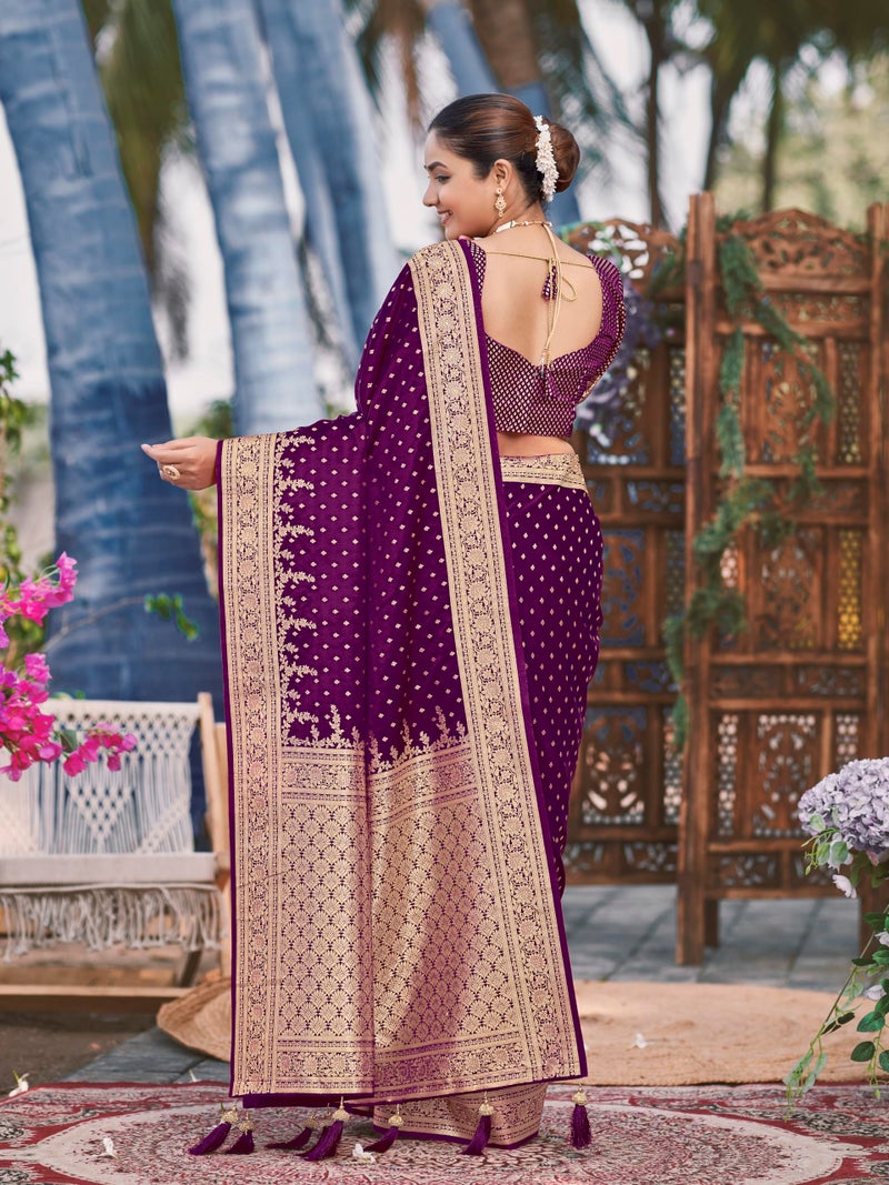 MANOHARI Women's Most Trendy Banarasi Satin Silk Woven Purple Saree With Heavy Jacquard Work Saree With Blouse Piece_MN1996 - Image 4