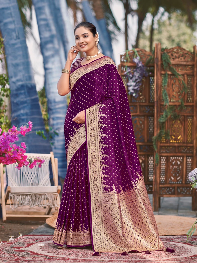 MANOHARI Women's Most Trendy Banarasi Satin Silk Woven Purple Saree With Heavy Jacquard Work Saree With Blouse Piece_MN1996 - Image 3