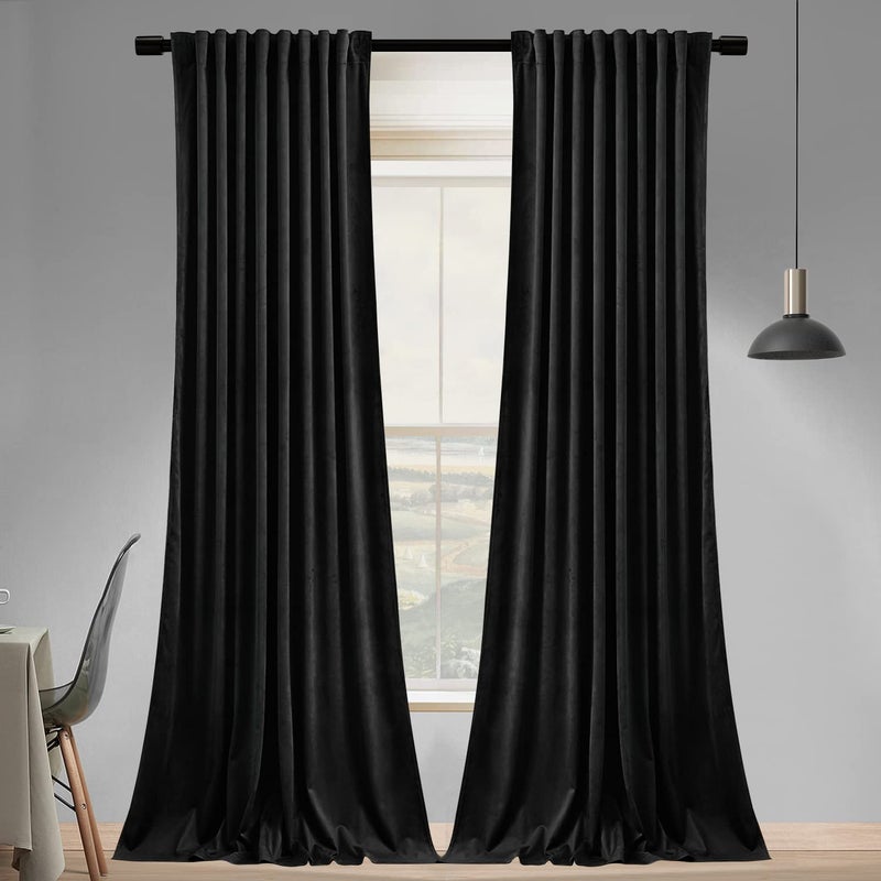 SNITIE Black 108 in Long Velvet Curtains with Back Tab and Rod Pocket Thermal Insulated Soft Privacy Light Filtering Velvet Drapes for Bedroom and Living Room Set of 2 Panels 52 x 108 Inches Long