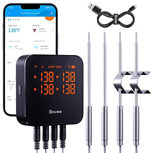 Govee Wireless Meat Thermometer with 4 Probe Smart WiFi Meat Thermometer with Unlimited Range App Notification Alert Digital Rechargeable Bluetooth Food Thermometer for Smoker BBQ Grill Oven Kitchen