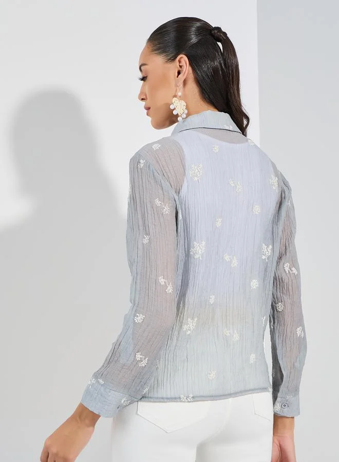Styli Embroidered Detail Button Down Shirt with Cuffed Sleeve
