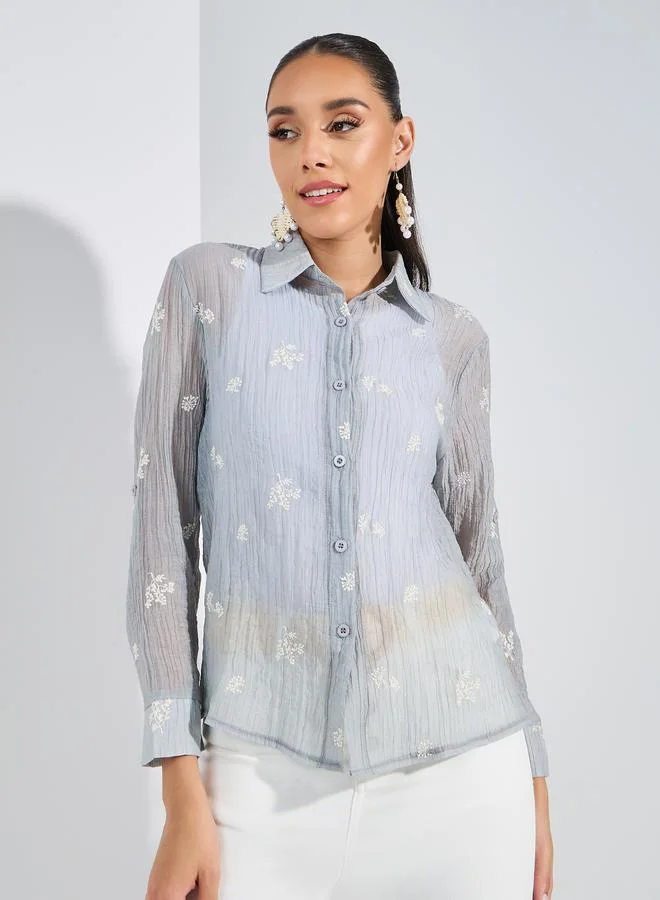 Styli Embroidered Detail Button Down Shirt with Cuffed Sleeve