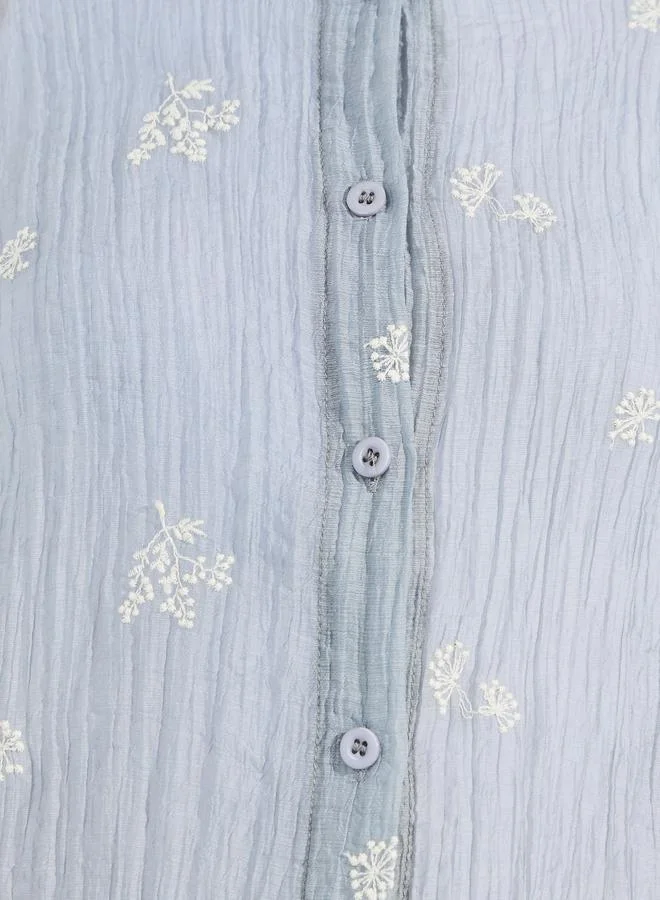 Styli Embroidered Detail Button Down Shirt with Cuffed Sleeve