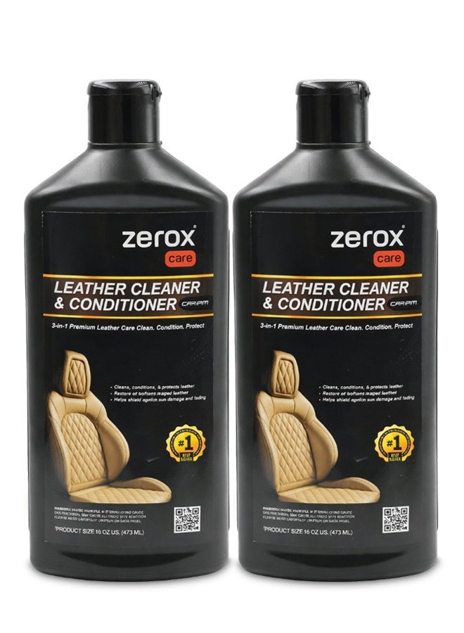 زيروكسكير قطعتان من Zerox Care: منظف ومرطب للجلد (473 مل) – كريم العناية بجلد مقاعد السيارات (3 في 1) – ينظف، يلمّع، ويحمي الأسطح الجلدية الداخلية – يعيد النعومة ويزيل الأوساخ والبقع – مناسب للعناية بالسيارات، الأرائك، الأحذية، والحقائب. - Image 1