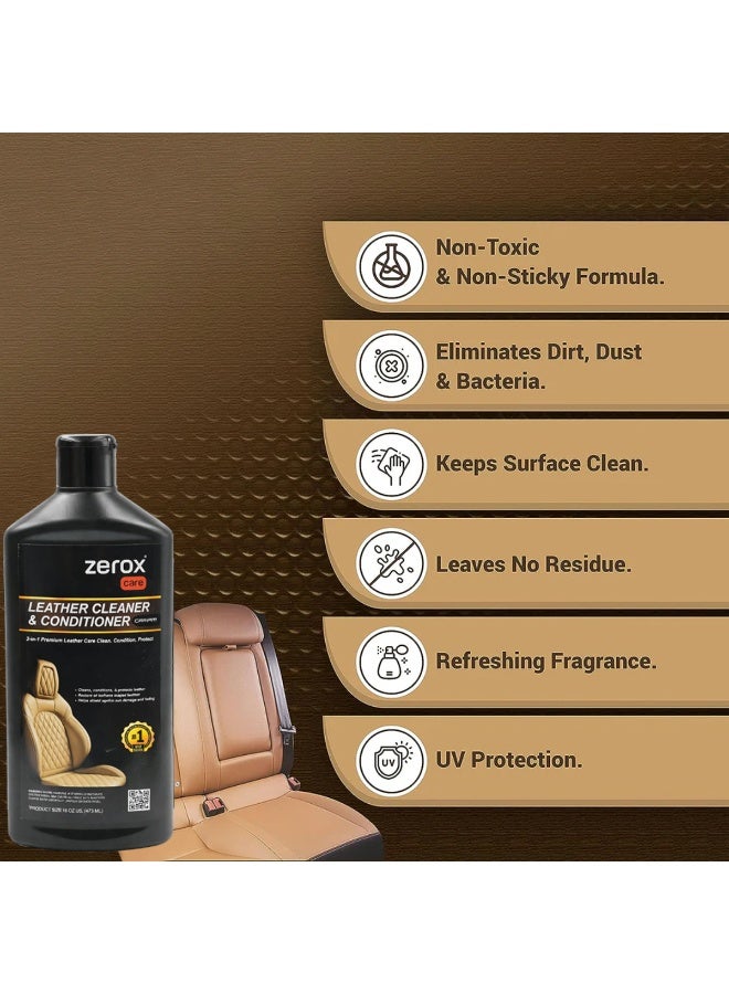 زيروكسكير قطعتان من Zerox Care: منظف ومرطب للجلد (473 مل) – كريم العناية بجلد مقاعد السيارات (3 في 1) – ينظف، يلمّع، ويحمي الأسطح الجلدية الداخلية – يعيد النعومة ويزيل الأوساخ والبقع – مناسب للعناية بالسيارات، الأرائك، الأحذية، والحقائب. - Image 3