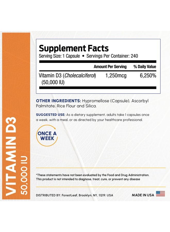 ForestLeaf Vitamin D3 50,000 IU | VIT D - VIT D3 Vitamin D Supplement for Women and Men | Bone Health, Teeth, Immune Support | Easy to Swallow Pills | High Potency WEEKLY Dose, 4-Year Supply, 240 Caps - Image 4
