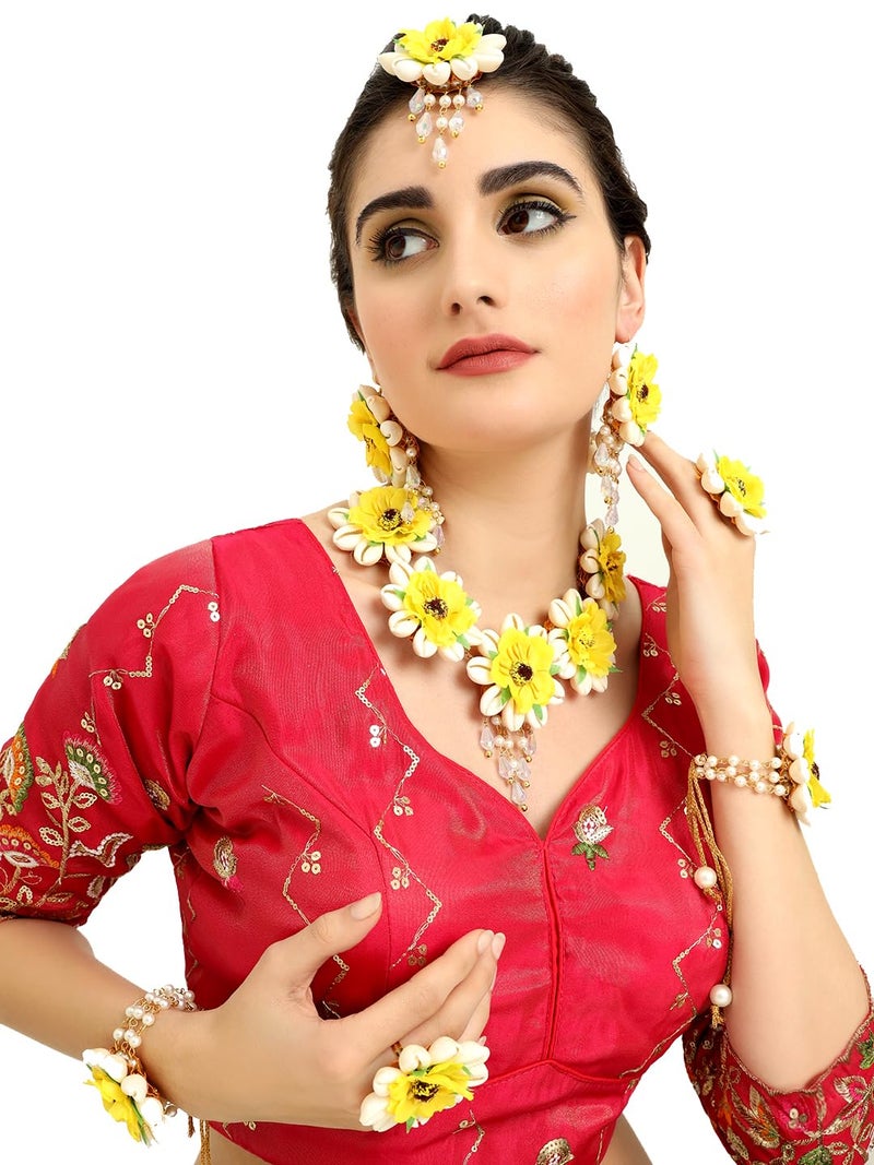 NMII Yellow Flower Bridal Jewellery Set For Women & Girls Stylish with Kaudi Shells & Pearls Work | Includes Floral Necklace, Ear Chain, Maang Tikka, Bangle Bracelet| Wedding, Haldi, Mehandi Function - Image 2