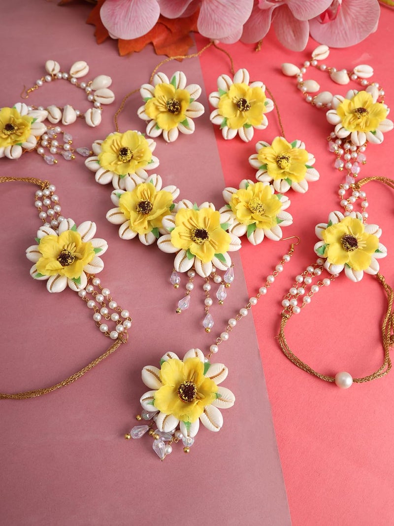 NMII Yellow Flower Bridal Jewellery Set For Women & Girls Stylish with Kaudi Shells & Pearls Work | Includes Floral Necklace, Ear Chain, Maang Tikka, Bangle Bracelet| Wedding, Haldi, Mehandi Function - Image 3