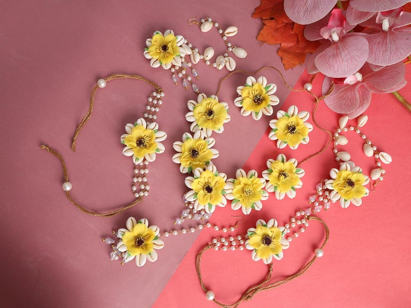 NMII Yellow Flower Bridal Jewellery Set For Women & Girls Stylish with Kaudi Shells & Pearls Work | Includes Floral Necklace, Ear Chain, Maang Tikka, Bangle Bracelet| Wedding, Haldi, Mehandi Function - Image 5