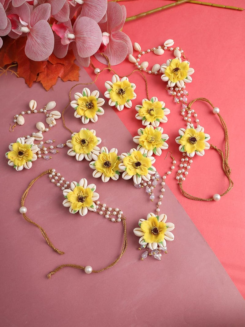 NMII Yellow Flower Bridal Jewellery Set For Women & Girls Stylish with Kaudi Shells & Pearls Work | Includes Floral Necklace, Ear Chain, Maang Tikka, Bangle Bracelet| Wedding, Haldi, Mehandi Function - Image 4
