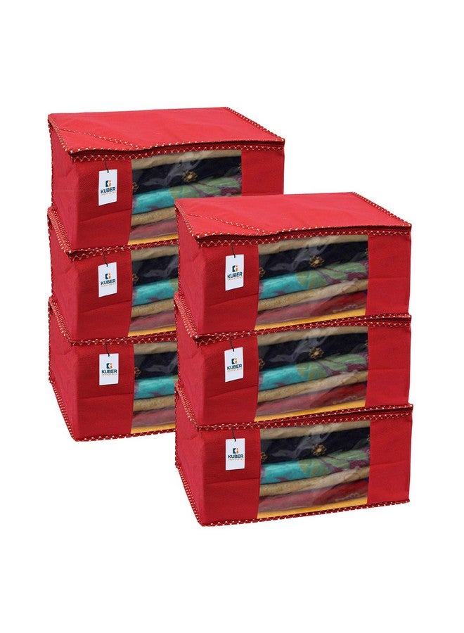 Kuber Industries Saree Cover | Clothes Storage Bag | Wardrobe Organizer Bag | Zip Closure Saree Cover | Transparent Window Saree Cover | HathKadi Piping Saree Cover | Pack of 6 | Extra Large | Red - Image 1