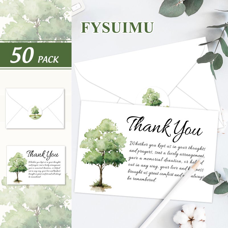 FYSUIMU 50Pcs Funeral Thank You Cards Bulk Boxed Tree Sympathy Thank You Cards with Sticker Envelope Bereavement Card for Memorial Service Loved Ones Celebration of Life - Image 3