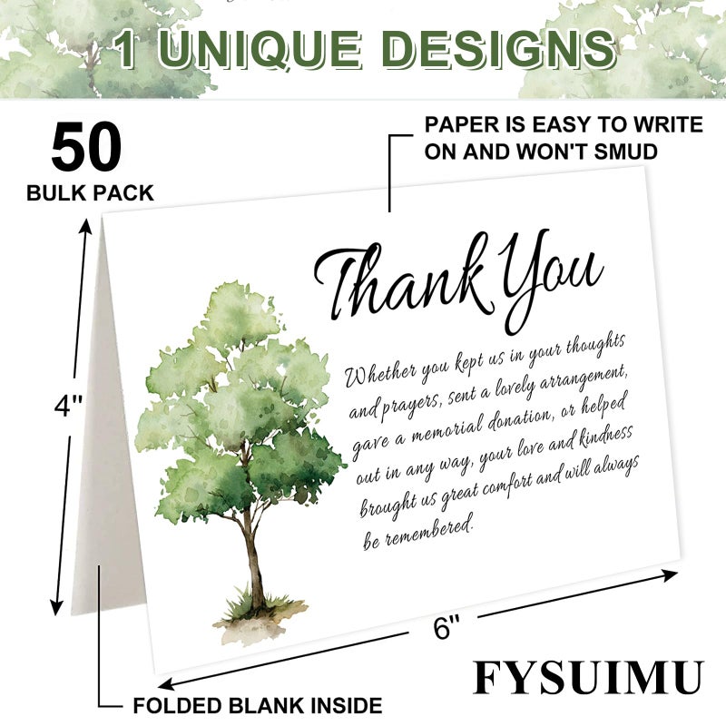 FYSUIMU 50Pcs Funeral Thank You Cards Bulk Boxed Tree Sympathy Thank You Cards with Sticker Envelope Bereavement Card for Memorial Service Loved Ones Celebration of Life - Image 2