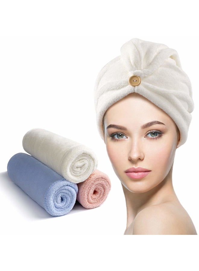 YFONG 3 Pack Microfiber Hair Towel Wrap for Women Girls, Super Absorbent Turban Towels for Drying Wet Hair, Anti Frizz Head Towels for Curly All Hair Style, Turbie Twist (Blue, Pink, White) - Image 1