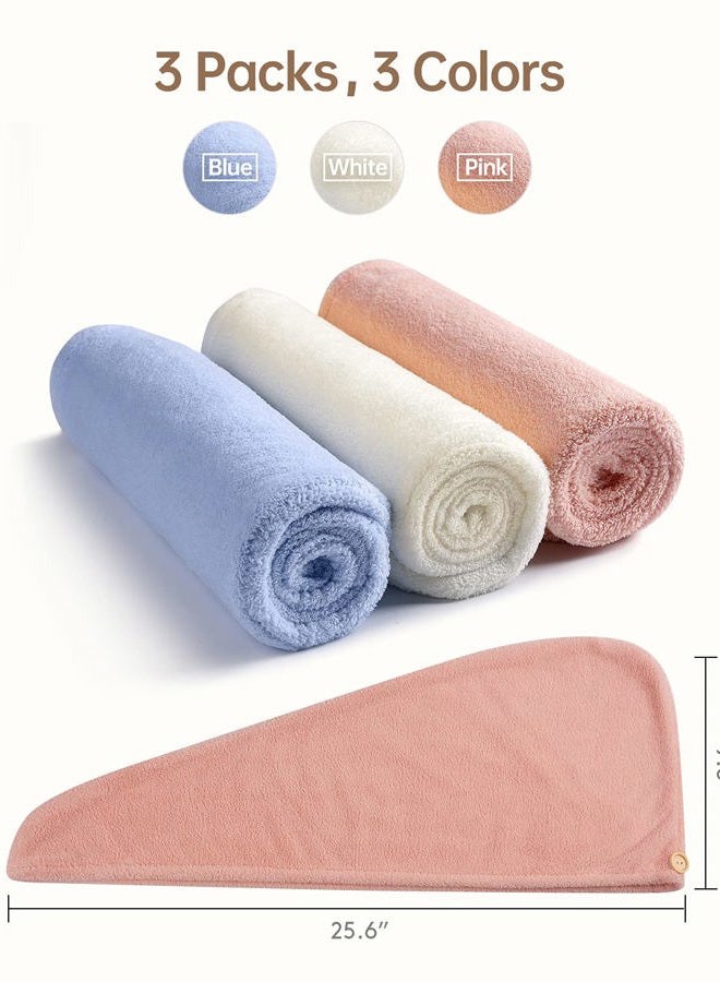 YFONG 3 Pack Microfiber Hair Towel Wrap for Women Girls, Super Absorbent Turban Towels for Drying Wet Hair, Anti Frizz Head Towels for Curly All Hair Style, Turbie Twist (Blue, Pink, White) - Image 5