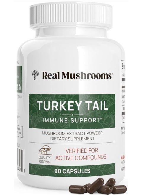Real Mushrooms Turkey Tail Capsules - Organic Mushroom Supplement with Potent Turkey Tail Mushroom Extract for Gut, Energy, Brain, & Immune Support - Vegan Mushroom Extract, Non-GMO, 90 Caps