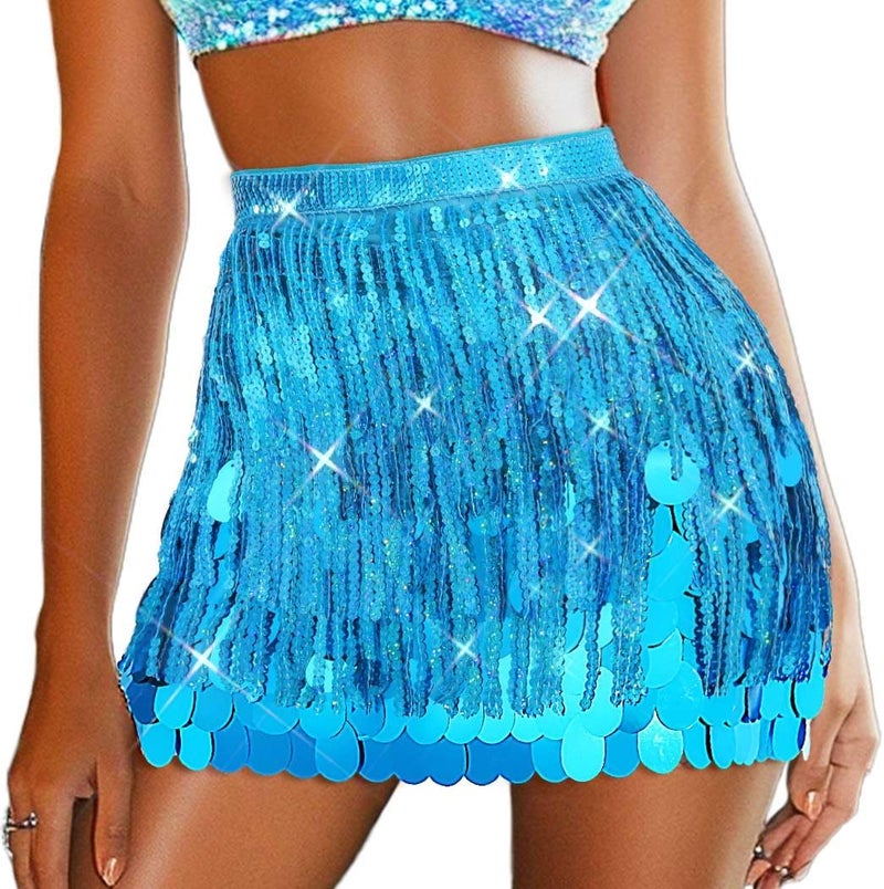 REETAN Fringe Sequin Skirt Belly Dance Sparkly Rave Skirts for Women - Image 1