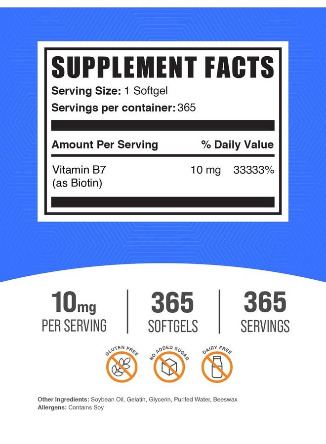 BulkSupplements.com Biotin 10000mcg Softgels - Vitamin B7, Biotin Vitamins for Hair, Skin and Nails, Biotin Supplement - Gluten Free, 1 Softgel per Serving, 365 Count (Pack of 1) - Image 2
