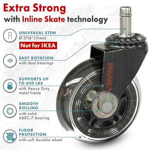SEDDOX Office Chair Wheels Replacement Set of 5 - Desk Chair Casters for Hardwood & Carpet - Heavy Duty & Safe for All Floors - Universal Fit for Most Computer Gaming & Office Chairs - 3 Inch - Image 4