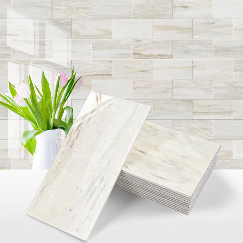 Vamos Tile 100-Piece Glossy Wooden Marble Grain Peel and Stick Backsplash Tile,3''x6'' PVC Subway Tile with White Grout, Stick on Backsplash for Kitchen/Bathroom/Fireplace - Image 1
