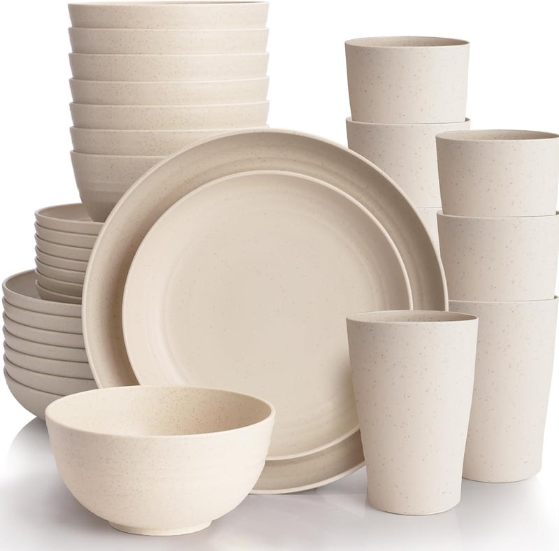 Gudvilla Cream Plastic Plates and Bowls Sets Dishwasher and Microwave Safe Wheat Straw Dinnerware Sets for 8Reusable Plastic Dishes Set Lightweight Unbreakable for Kitchen Camping Outdoor RV 32 Pcs - Image 1