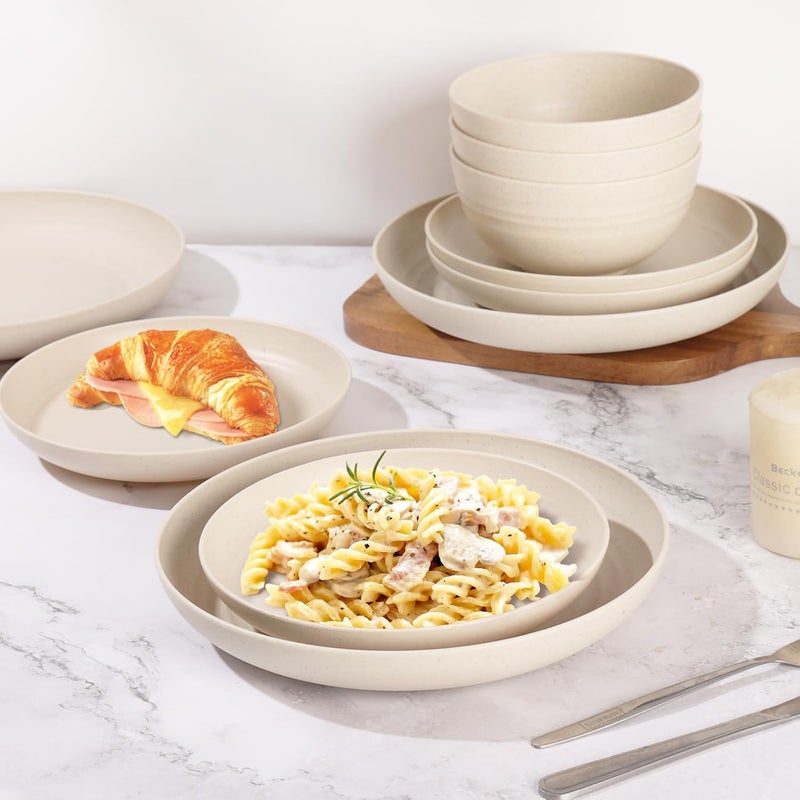 Gudvilla Cream Plastic Plates and Bowls Sets Dishwasher and Microwave Safe Wheat Straw Dinnerware Sets for 8Reusable Plastic Dishes Set Lightweight Unbreakable for Kitchen Camping Outdoor RV 32 Pcs - Image 5
