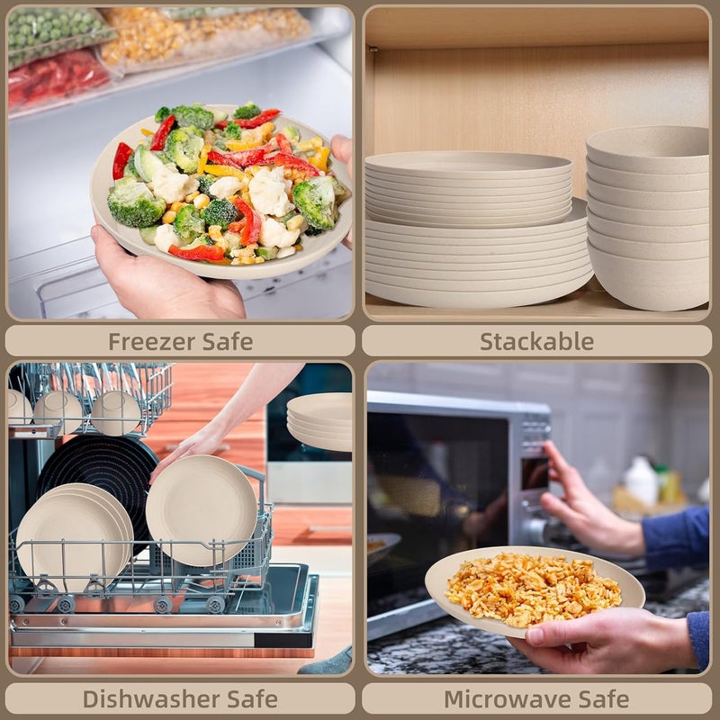 Gudvilla Cream Plastic Plates and Bowls Sets Dishwasher and Microwave Safe Wheat Straw Dinnerware Sets for 8Reusable Plastic Dishes Set Lightweight Unbreakable for Kitchen Camping Outdoor RV 32 Pcs - Image 4