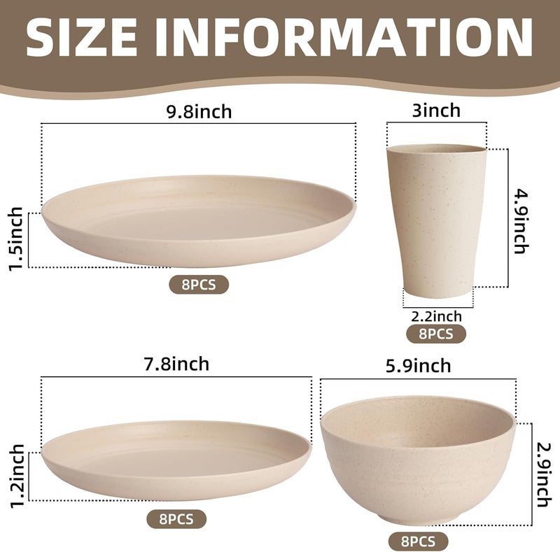 Gudvilla Cream Plastic Plates and Bowls Sets Dishwasher and Microwave Safe Wheat Straw Dinnerware Sets for 8Reusable Plastic Dishes Set Lightweight Unbreakable for Kitchen Camping Outdoor RV 32 Pcs - Image 2