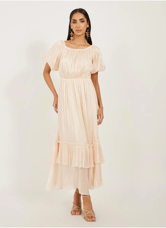 Styli Plain Balloon Sleeves A-Line Maxi Dress with Layered Hem